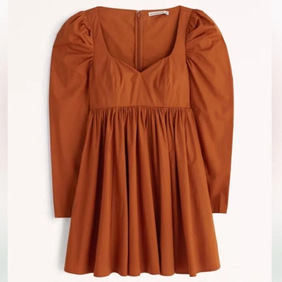 Abercrombie & Fitch Poplin Babydoll Long Sleeve Dress Burnt Orange Small Petite - Picture 2 of 8